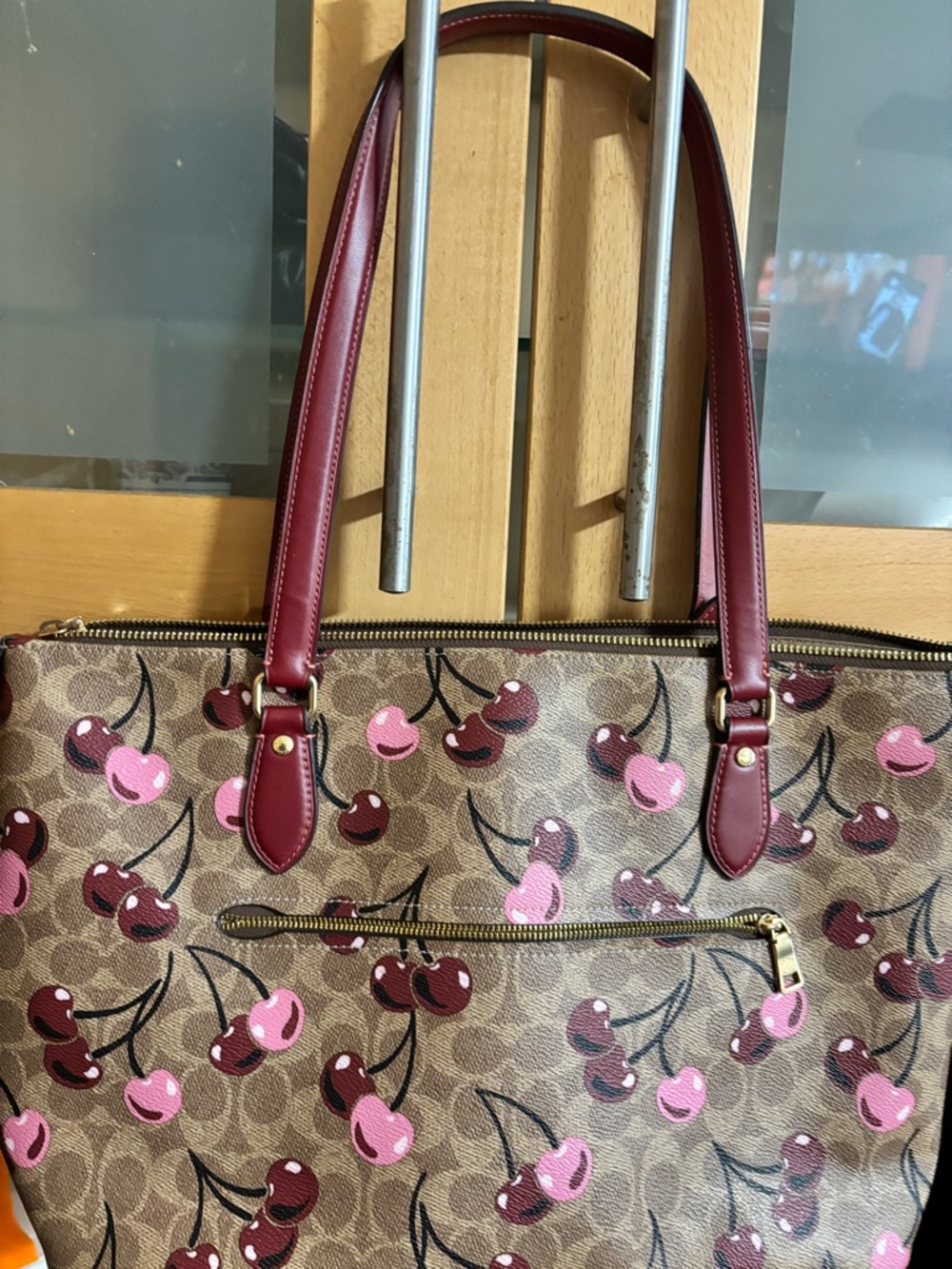 Coach Cherry-Print Tote in Brown and Burgundy Pink - Picture 2 of 3